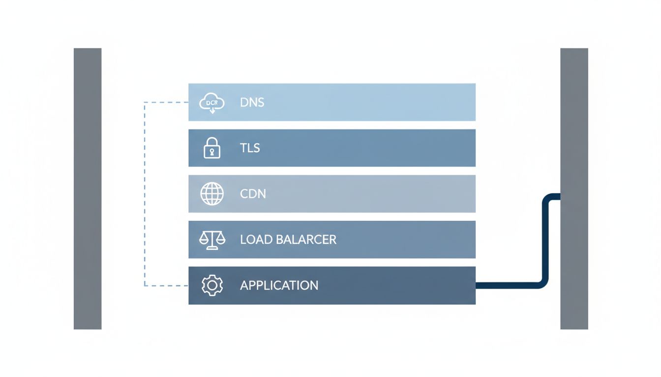 Cross-section diagram showing the multiple network layers a request passes through between client and server