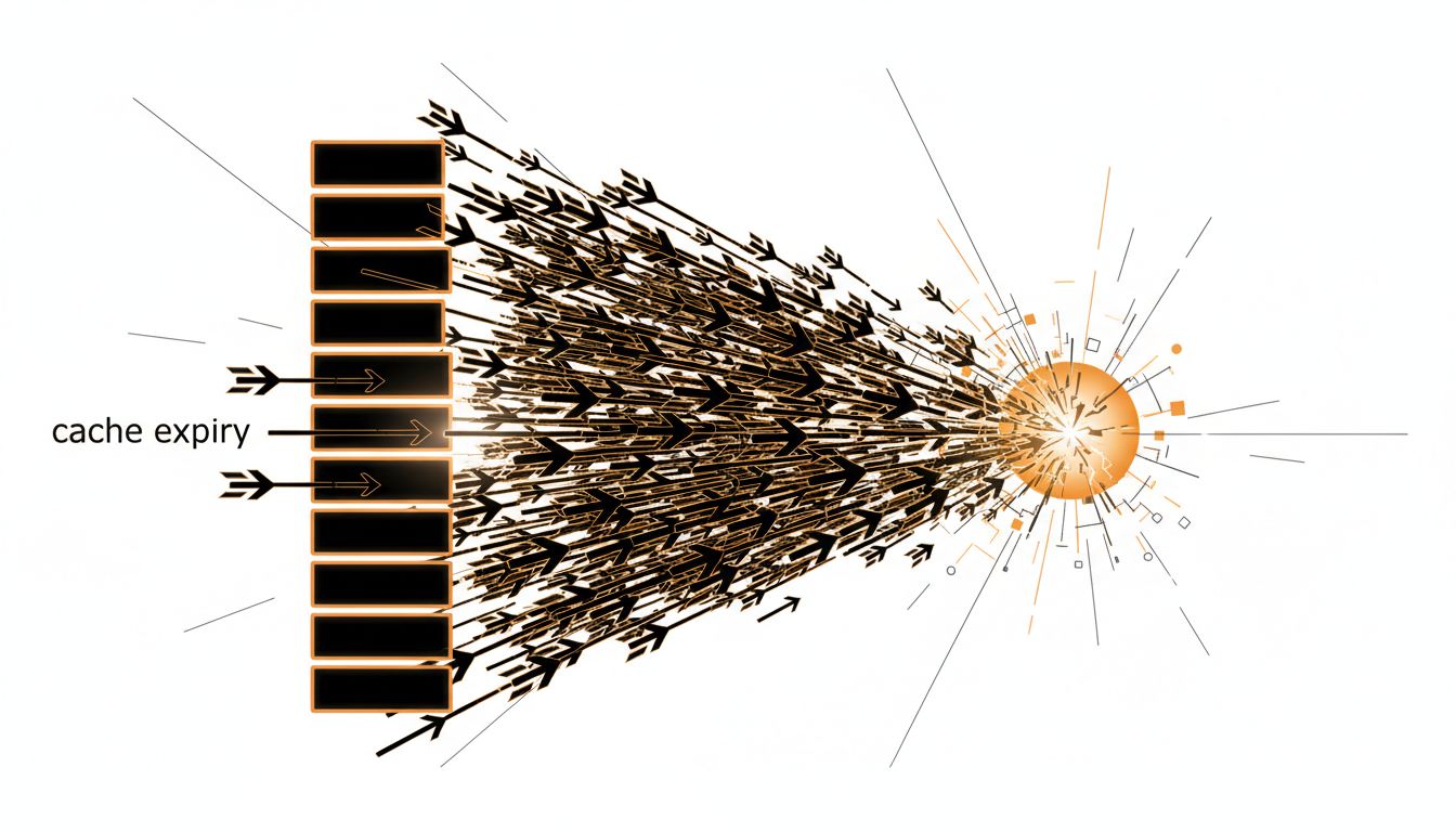 Diagram illustrating cache stampede: simultaneous requests overwhelming an origin server after a cache expires