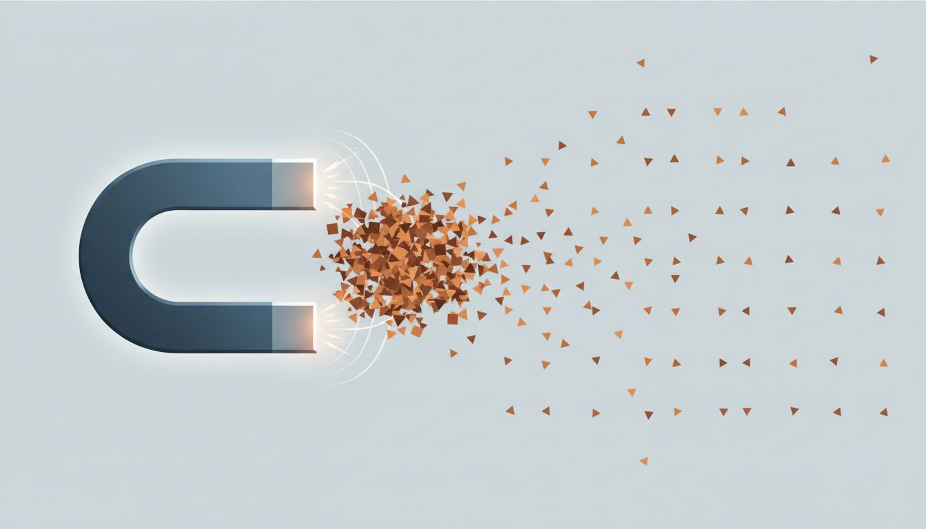 Abstract illustration of magnetic concentration pulling objects into a dangerously tight cluster