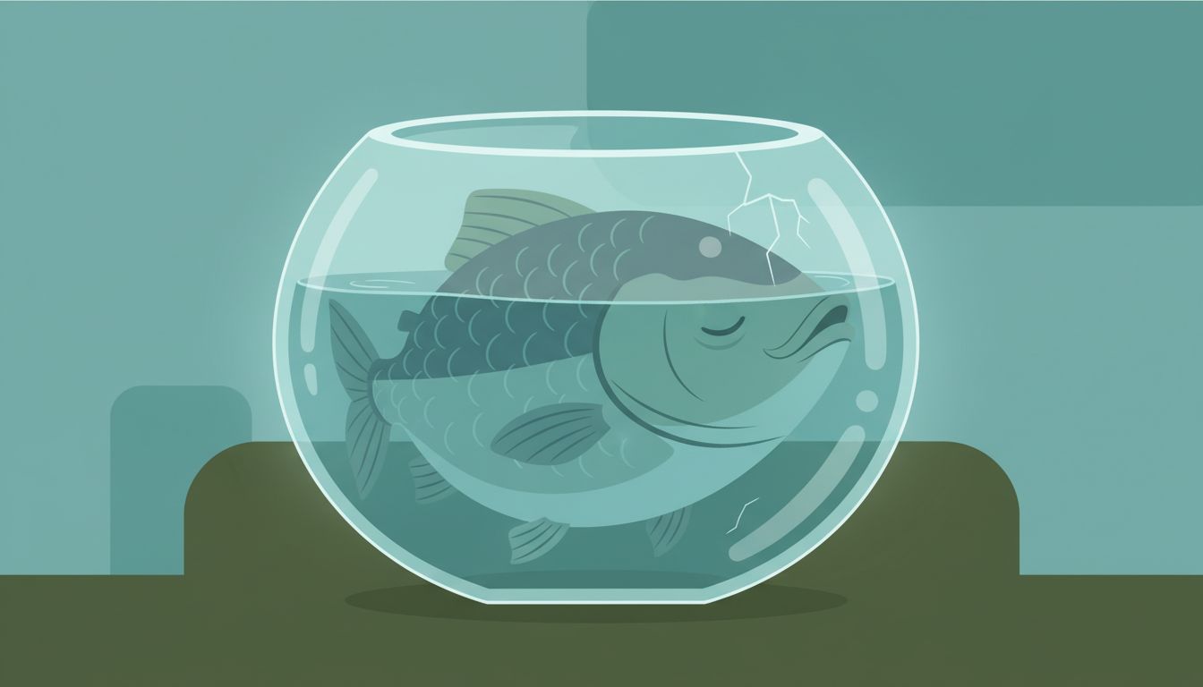 A large fish distorting the walls of a small fishbowl to fit its shape