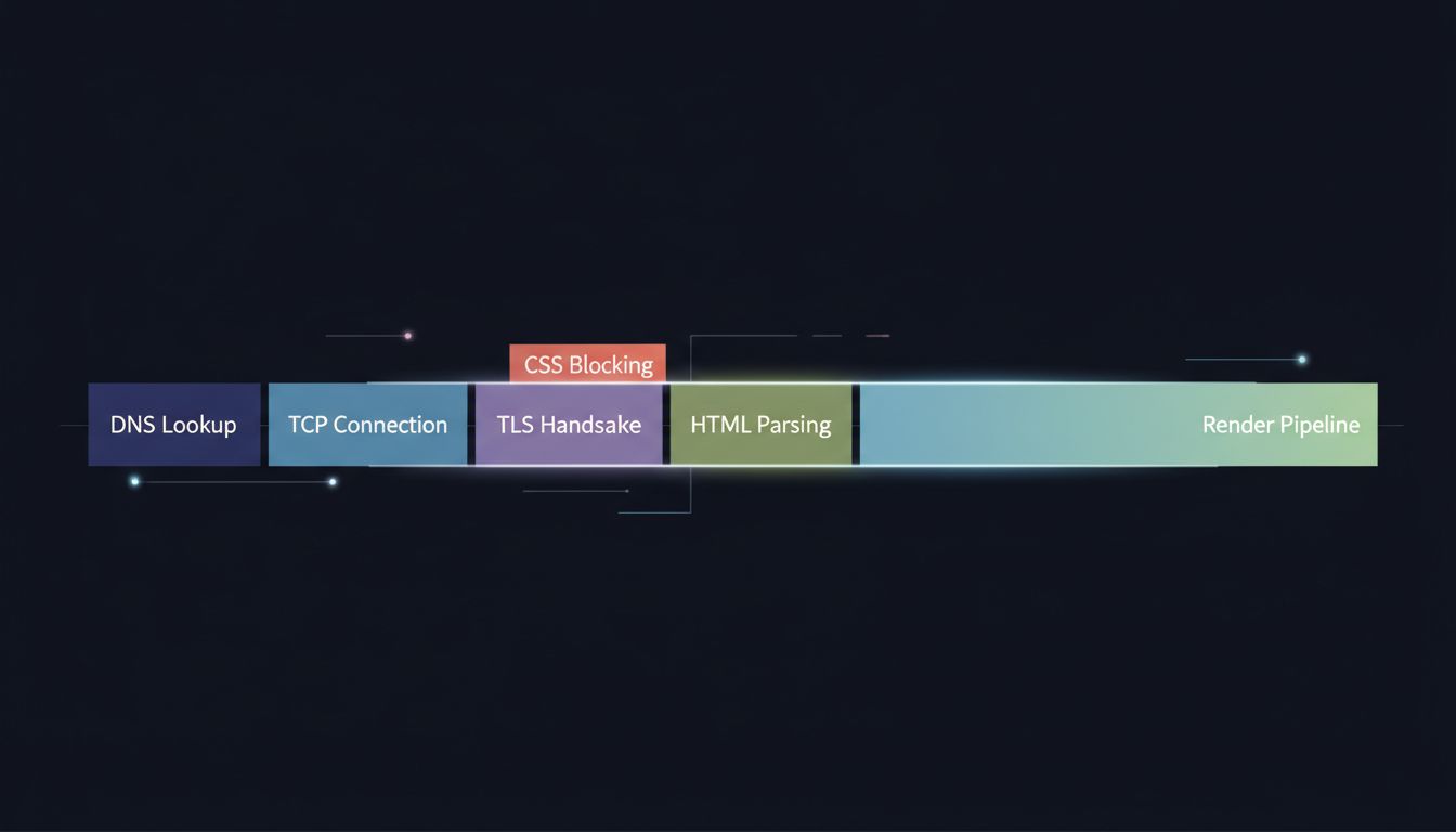 Stylized timeline diagram of browser page load stages from DNS to first paint