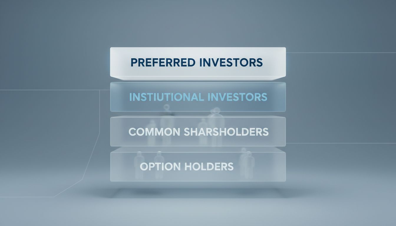 Abstract illustration of a liquidation preference stack, showing senior claimants absorbing value before common shareholders