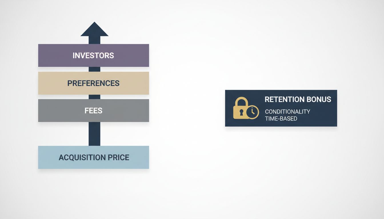 Diagram showing how acqui-hire consideration splits between acquisition price absorbed by preferences and conditional retention payments