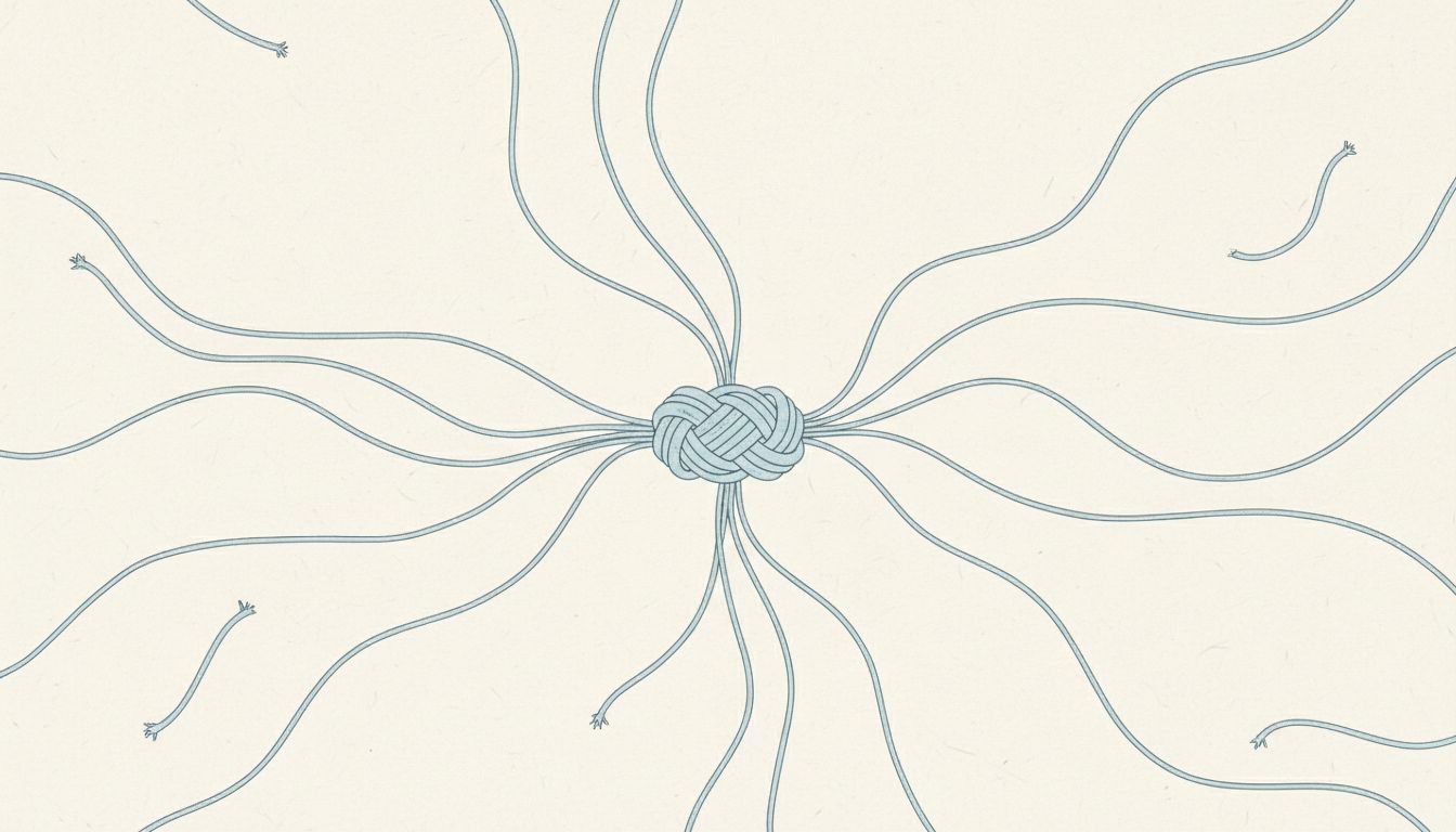 Illustration of a tight knot with fraying threads extending outward, representing early customer constraints on growth