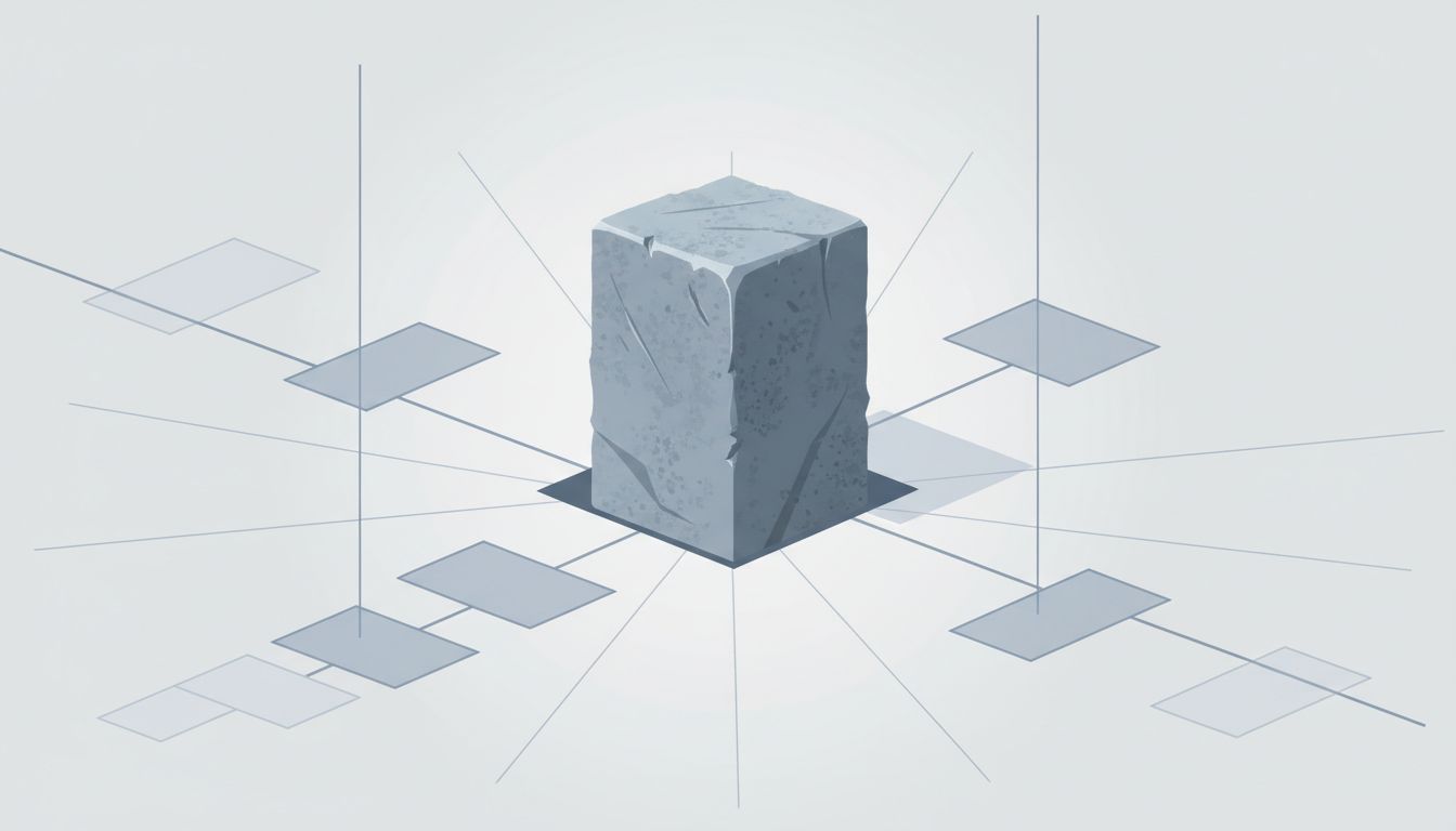 A single foundational block being placed as the first element of a larger structure, representing how a first hire shapes everything built afterward