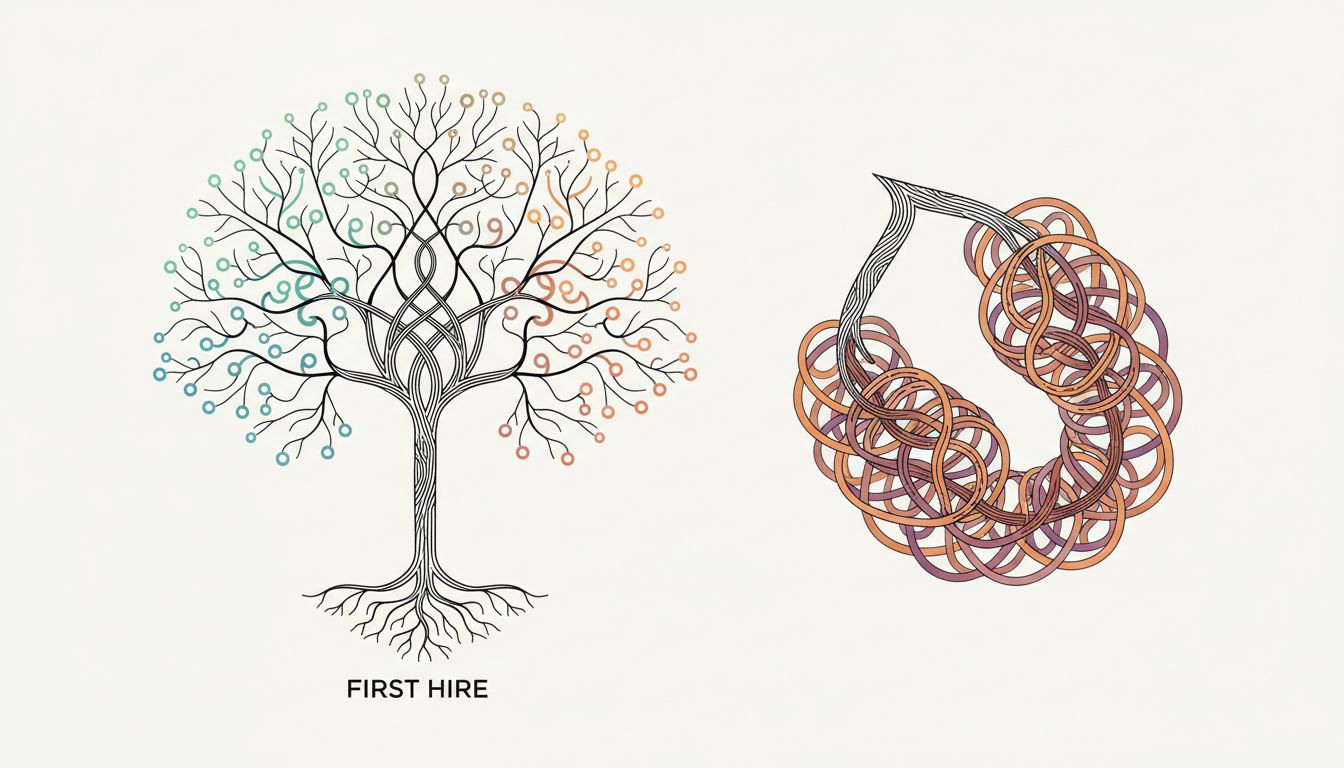 Branching diagram showing how a first hiring decision propagates forward into two very different organizational structures
