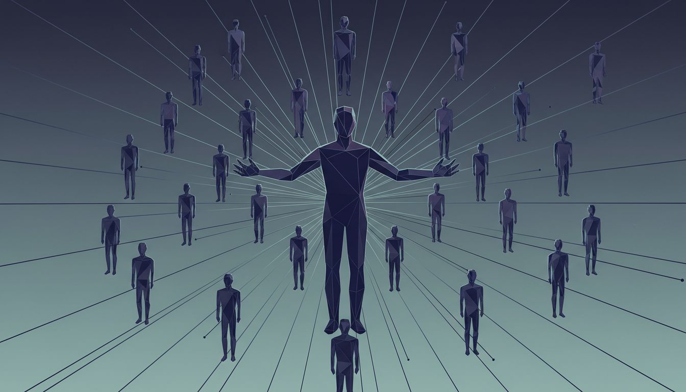 Abstract illustration of one central figure whose traits are being replicated across a network of connected people