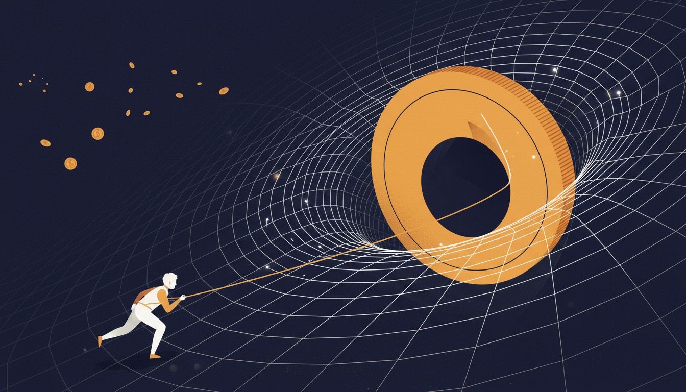 Illustration of a single large coin creating a gravitational pull that distorts the space around a small startup figure