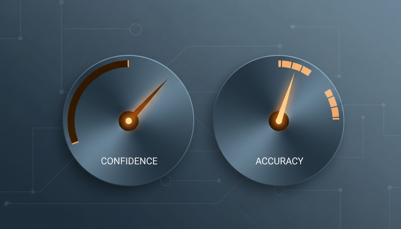 Two gauges showing high confidence but low accuracy, illustrating the gap between how certain an LLM sounds and how correct it actually is