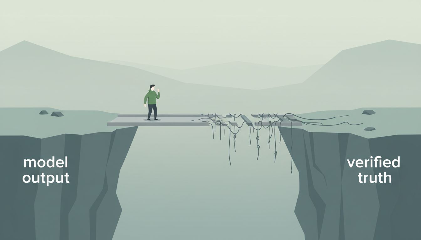 A fraying bridge between model output and verified truth, representing the gap that grows when LLM outputs go unverified
