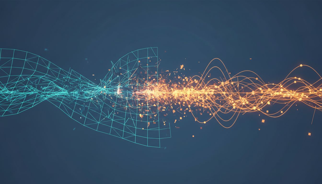 Abstract illustration contrasting a rigid deterministic system with a fluid probabilistic network, showing the mismatch between mental models and LLM reality