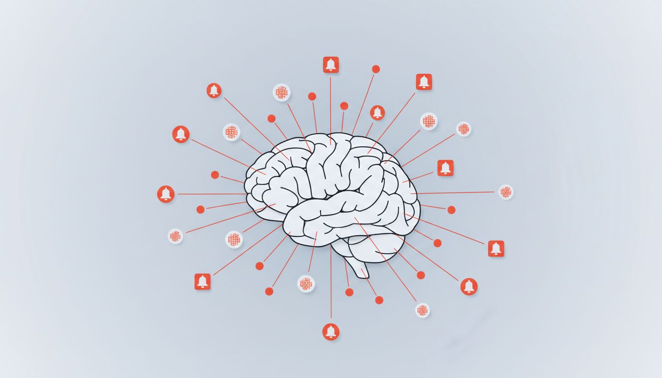Illustration of a brain being pulled in multiple directions by notification symbols