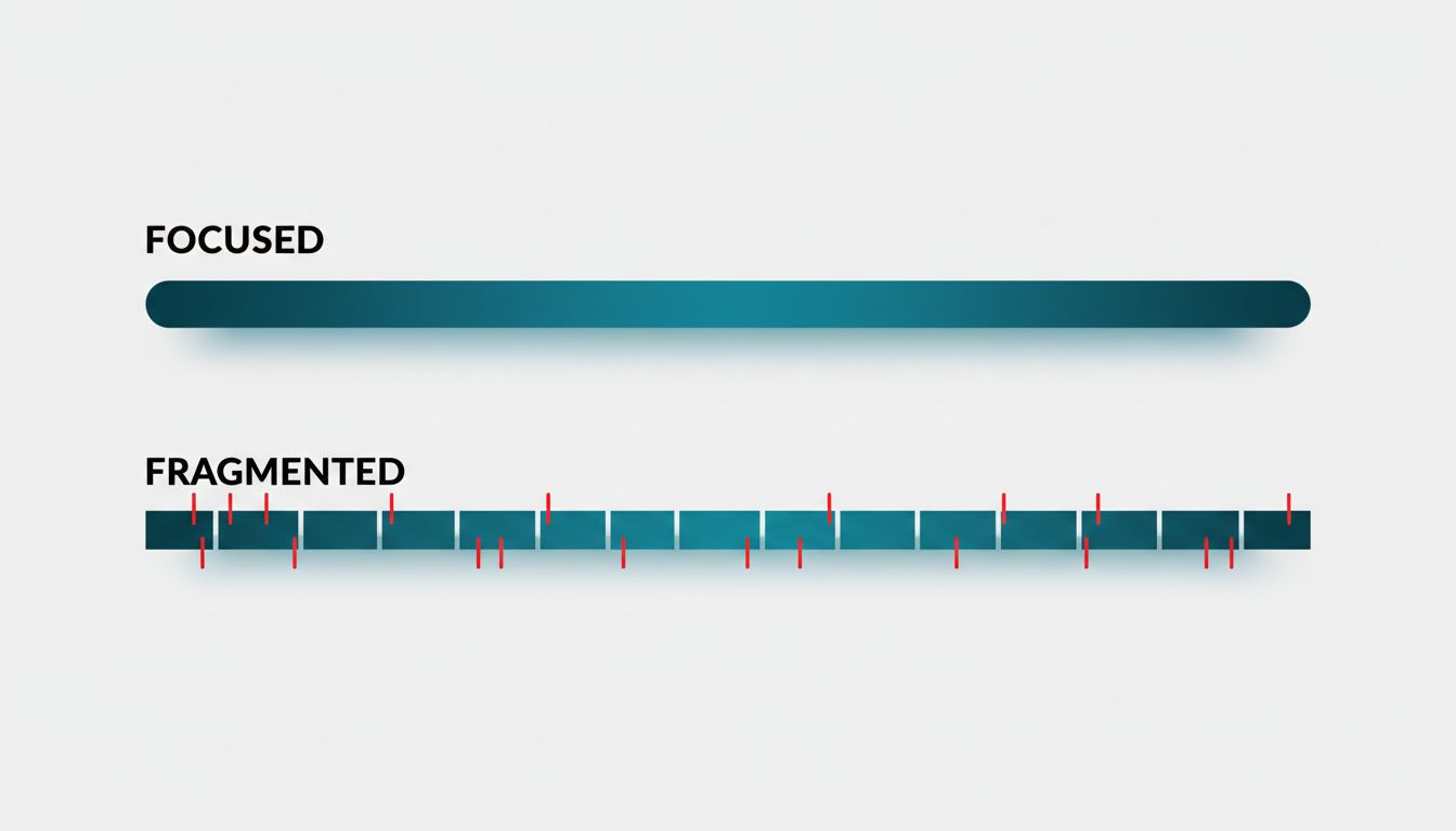 Diagram comparing a focused work session to a fragmented one of equal length