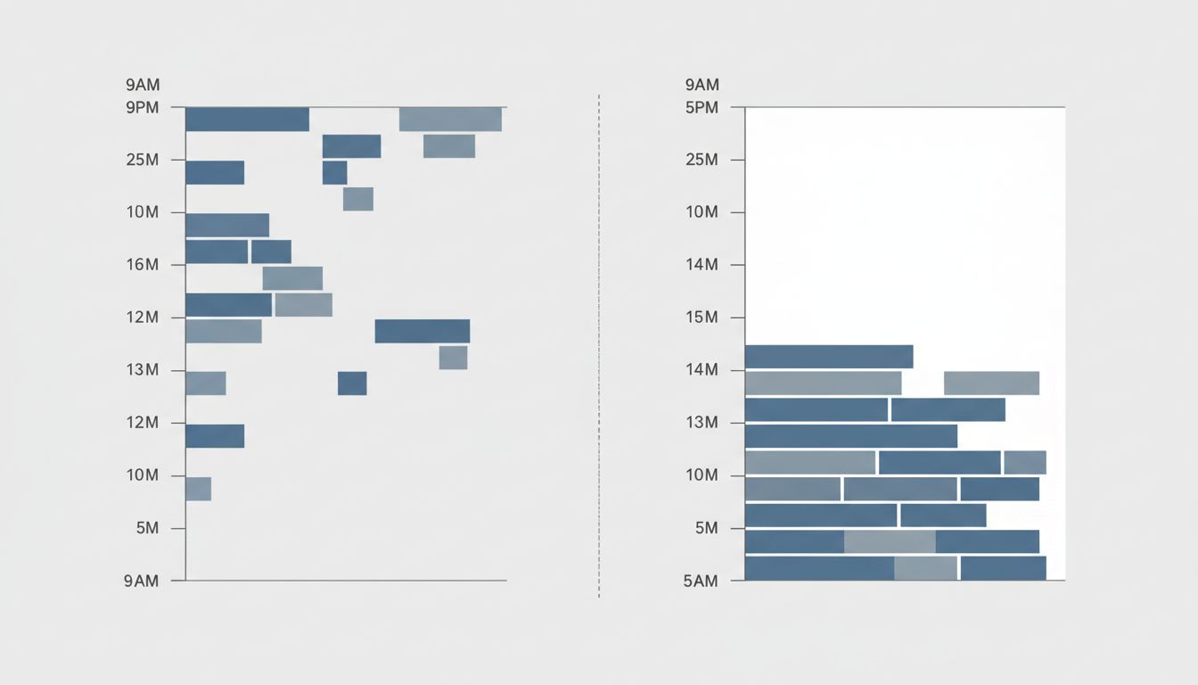 Two calendar layouts side by side showing fragmented versus protected morning time blocks
