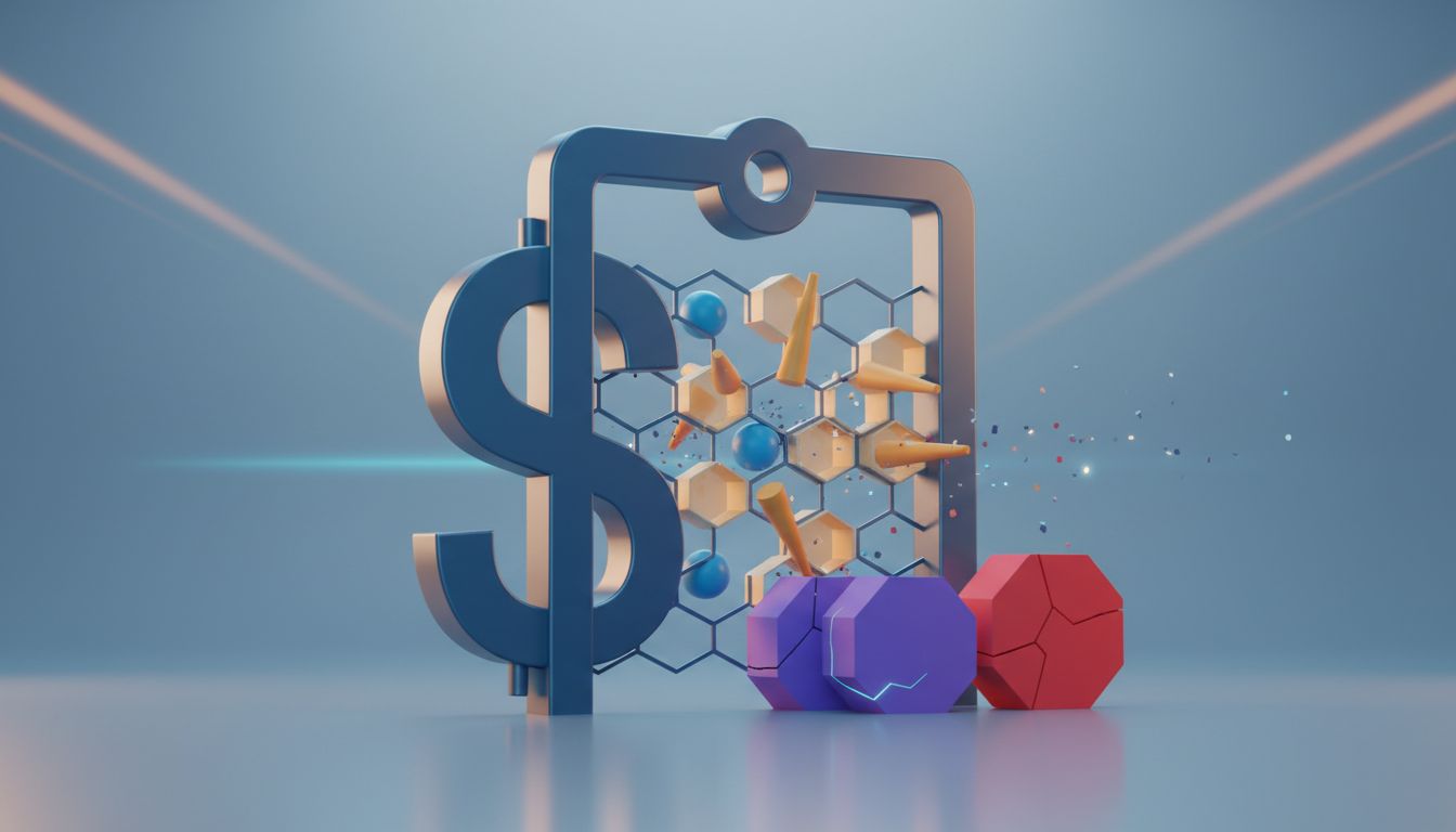 Abstract illustration of a price tag acting as a filter gate, sorting different geometric shapes