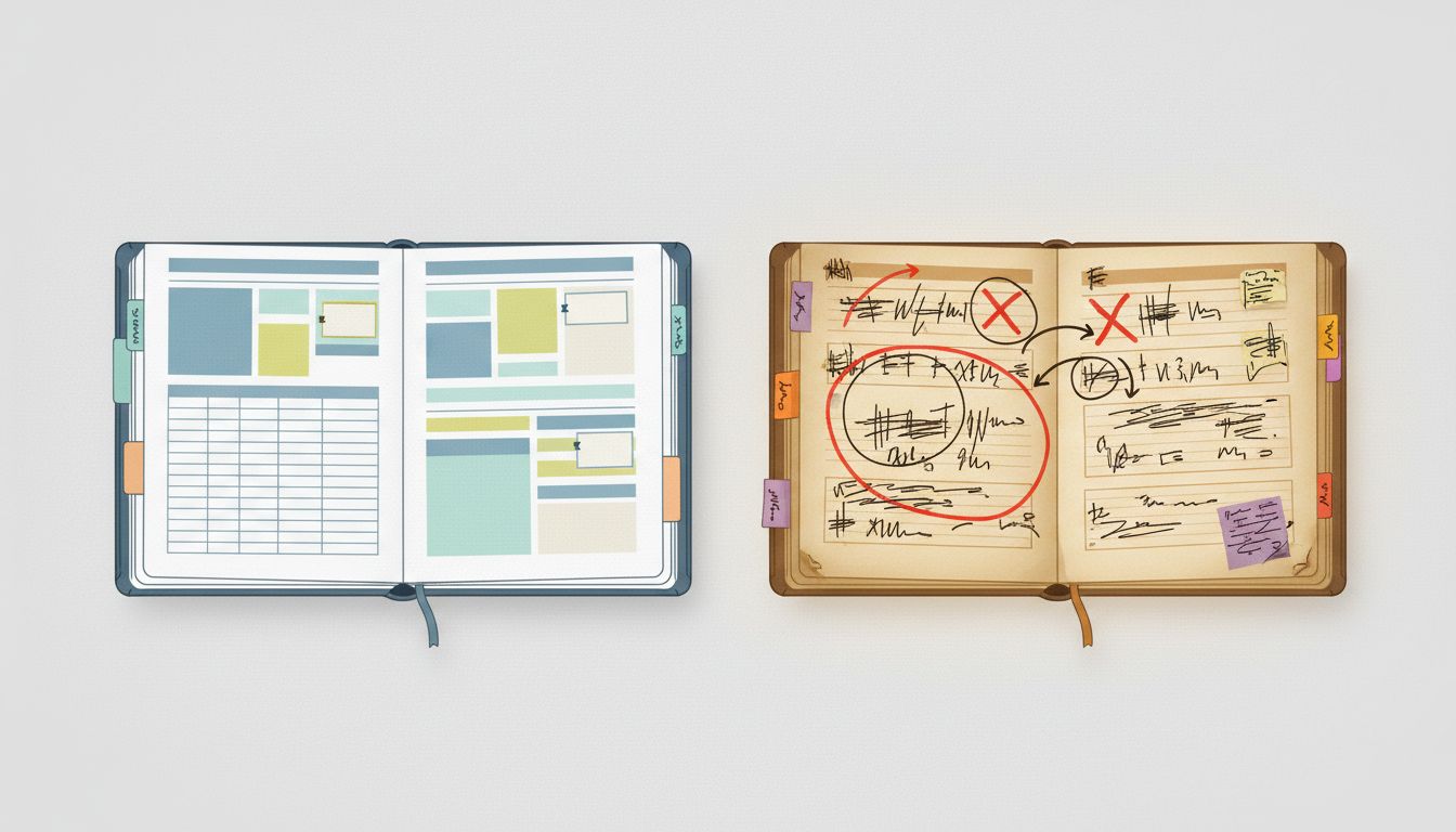 Two notebooks side by side: one perfectly organized and sterile, one messy but alive with active thinking