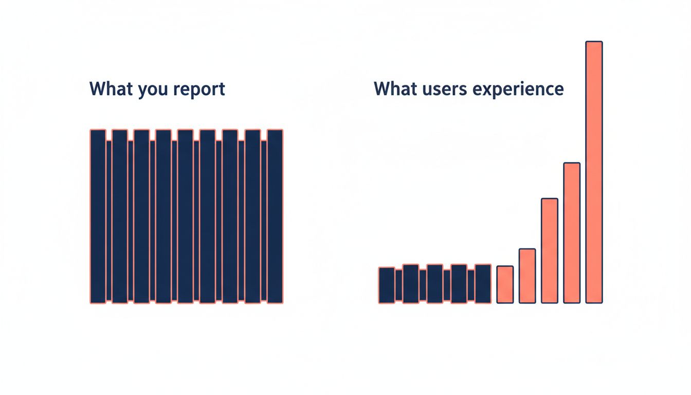 Two charts contrasting reported average latency versus actual tail latency experienced by users