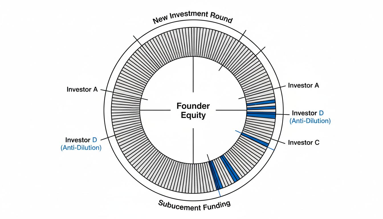 Diagram showing how equity dilution works through successive funding rounds and anti-dilution provisions
