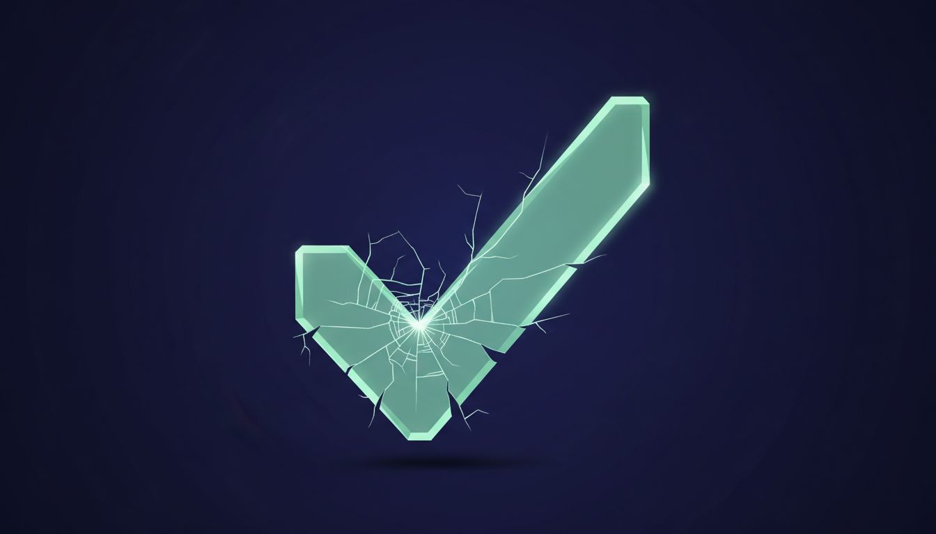 A glass green checkmark with cracks spreading through it, symbolizing false confidence in passing tests