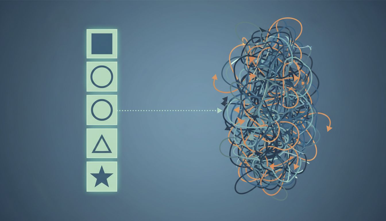 Diagram contrasting the orderly world of test environments with the complexity of production systems