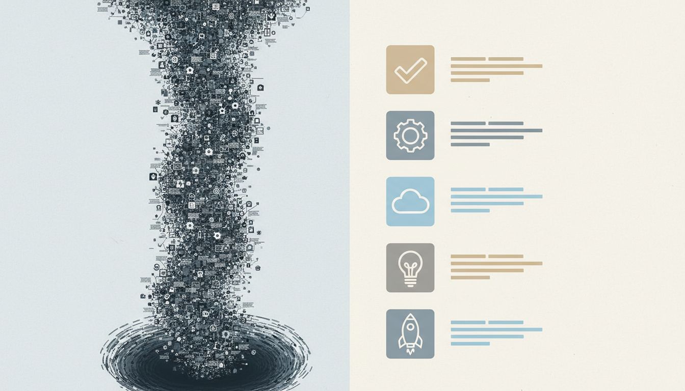 Illustration contrasting an overflowing endless task list with a short, manageable one