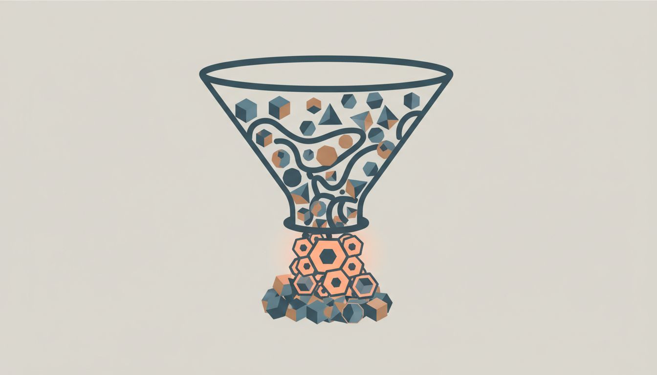 Illustration of a funnel with easy input and a clogged output, representing how task systems make adding easy but completion hard