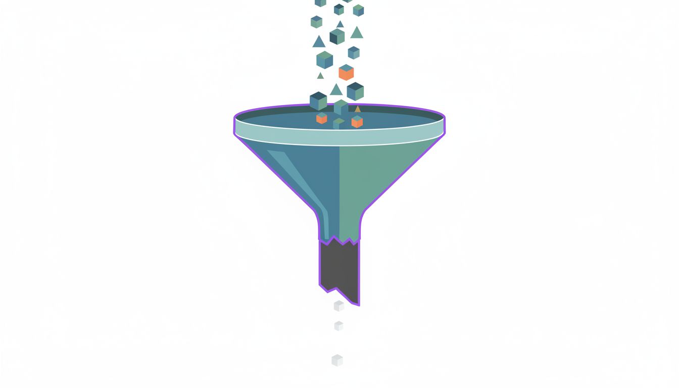 A funnel with a wide input and a narrow, clogged output, representing a task system optimized for adding but not finishing