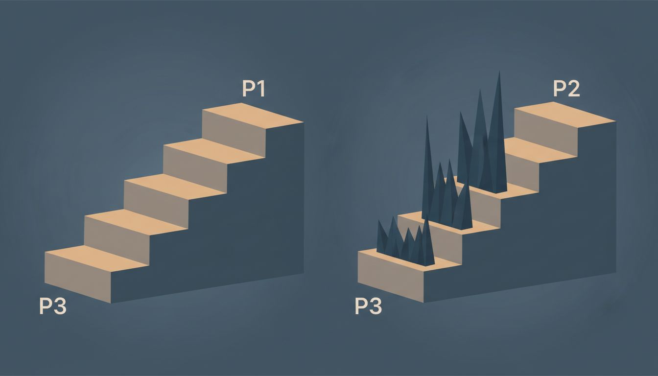 Two graphs comparing priority-based task ordering versus activation-energy-based task ordering, showing how tasks with high activation energy create barriers regardless of their priority level