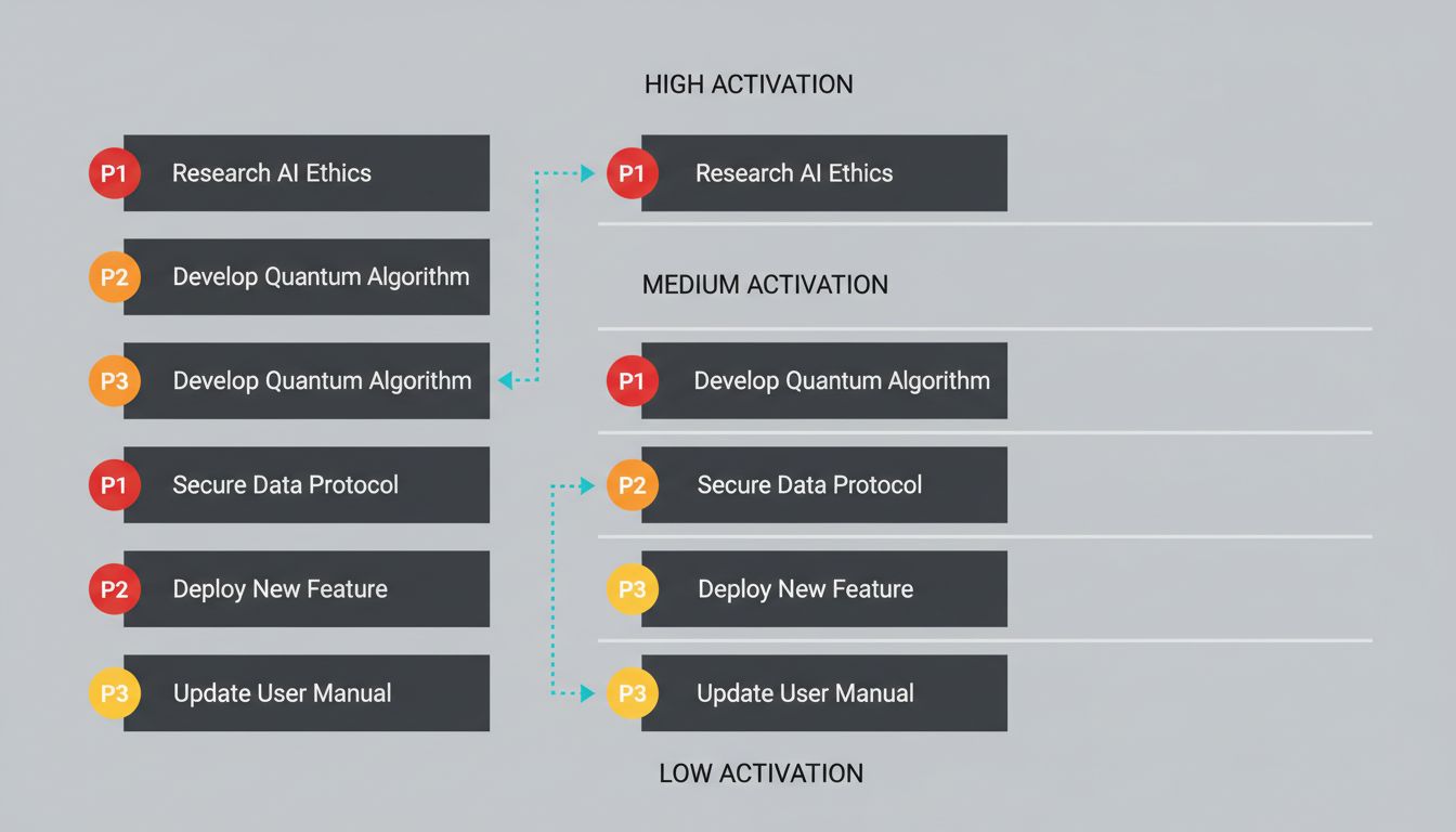 Side-by-side comparison of a priority-sorted task list versus the same tasks organized into activation energy bands with priority as a secondary sort