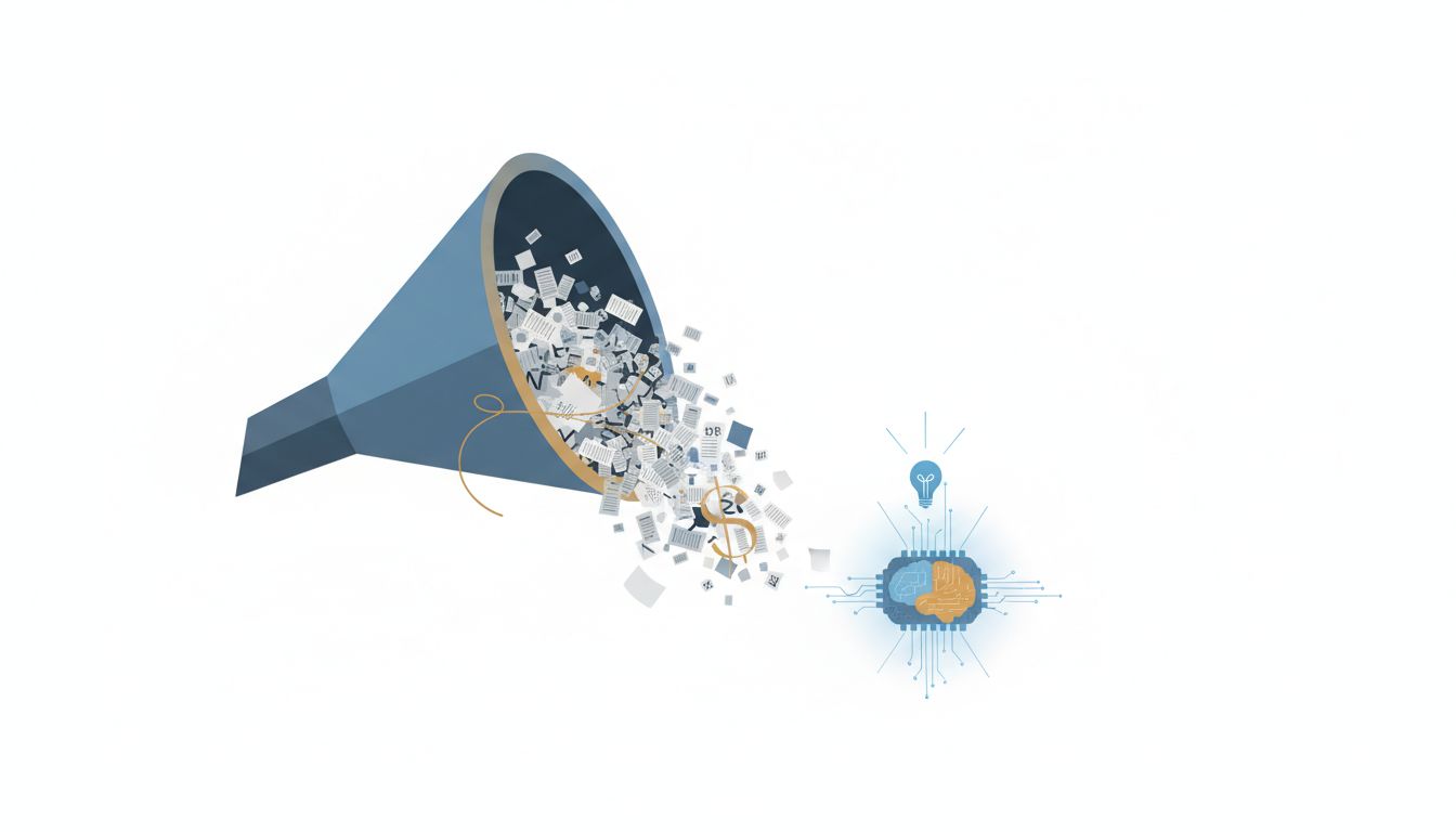 Illustration of a large funnel of text tokens feeding into a small processor, with cost implied by the volume