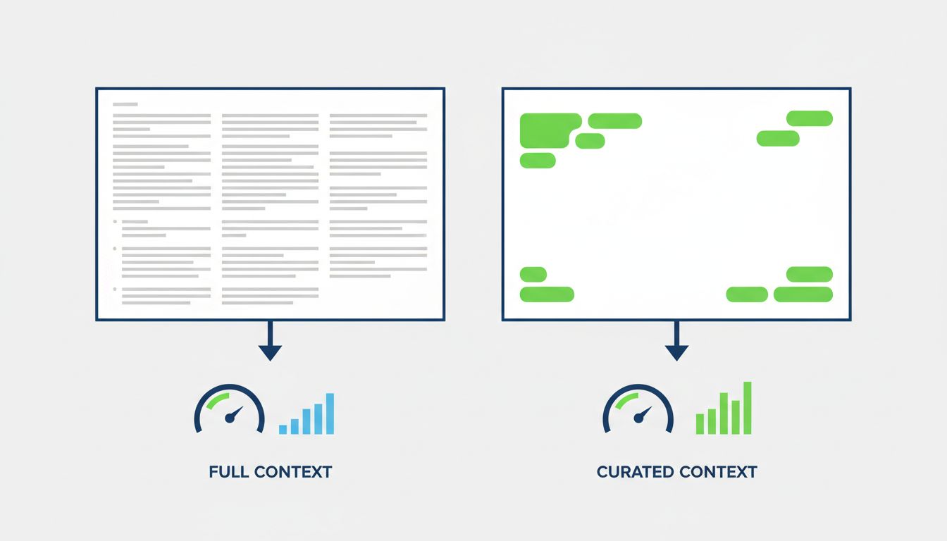 Diagram comparing a full context window versus a curated context window and their respective output quality
