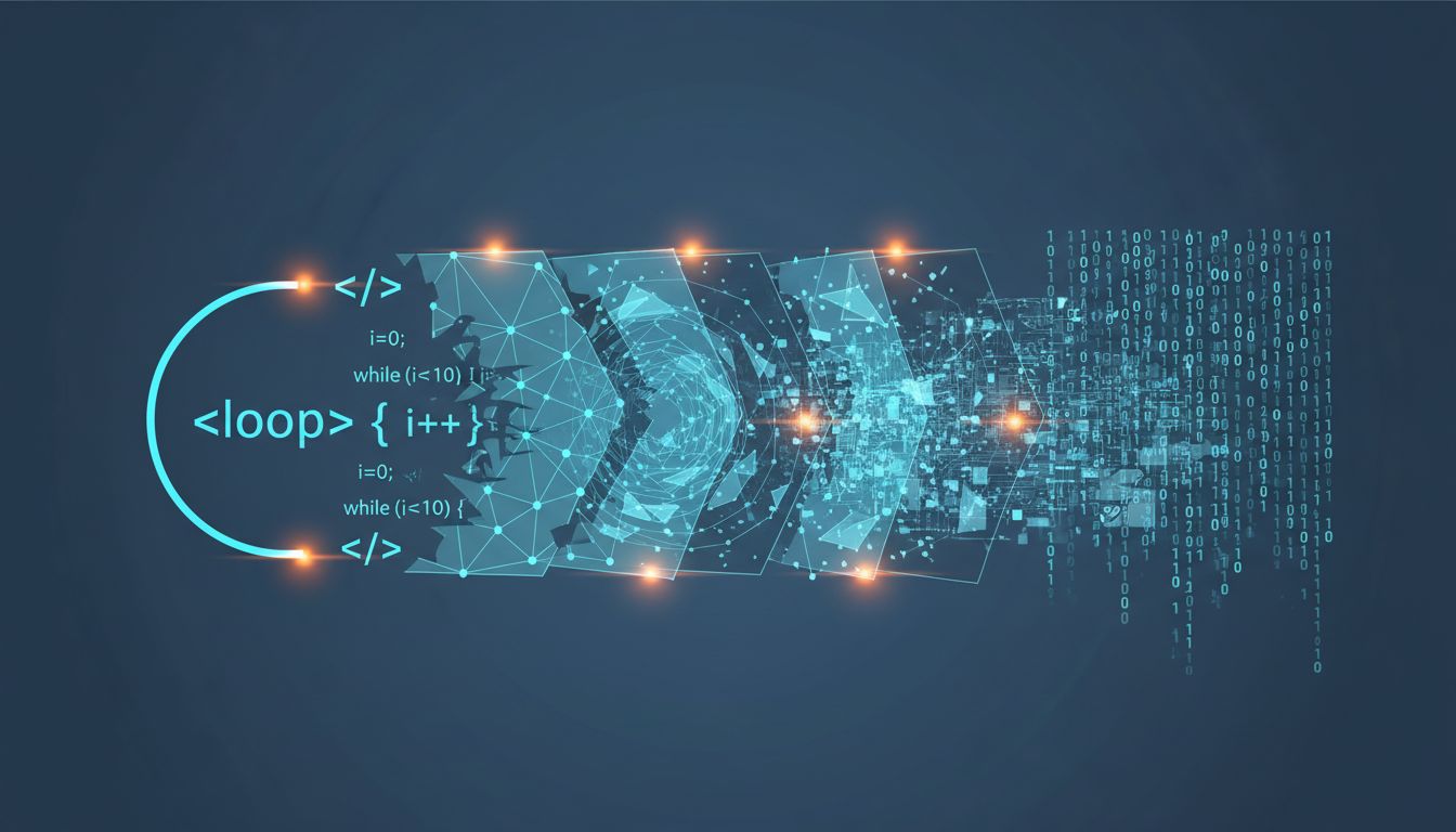 Abstract illustration showing source code transforming through multiple abstraction layers before reaching parallel hardware execution
