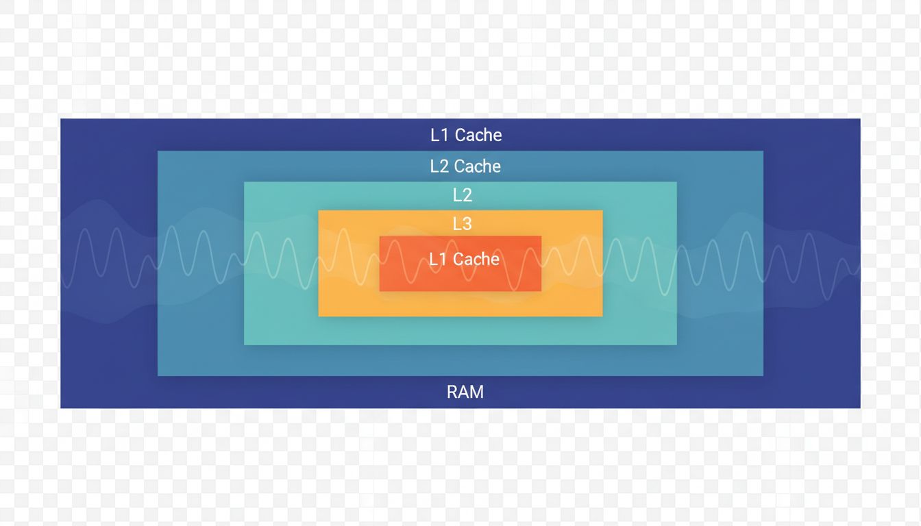 Diagram of CPU cache hierarchy showing L1, L2, L3 cache and RAM with relative size and speed differences