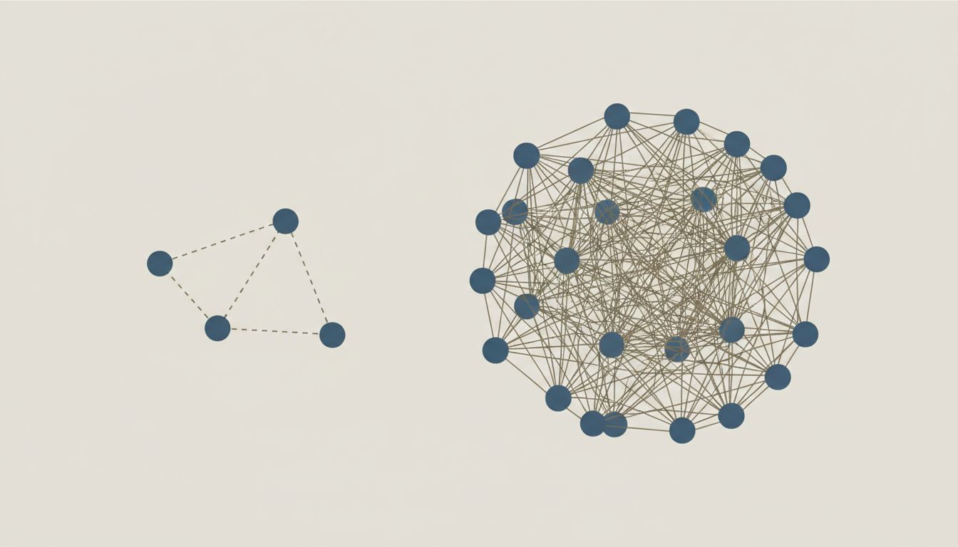 Network graph showing how communication connections multiply exponentially as team size grows