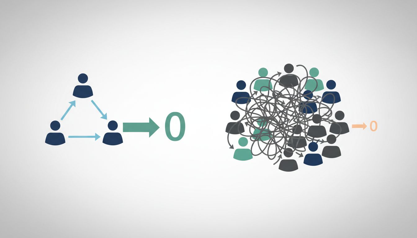 Diagram comparing workflow efficiency of a small tight-knit team versus a large team with complex interdependencies