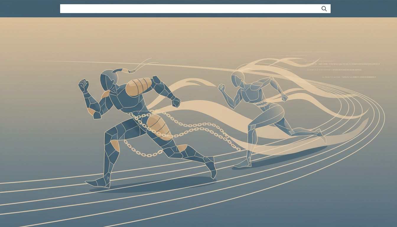 Abstract illustration of two runners where the leader is burdened with weight and the challenger runs freely