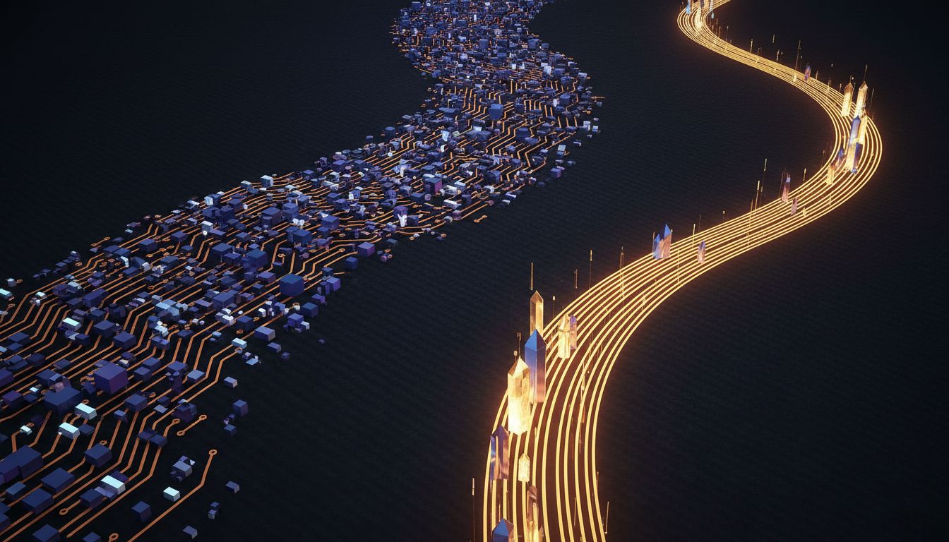 Abstract illustration of two diverging circuit paths, one wide and fading, one narrow and bright
