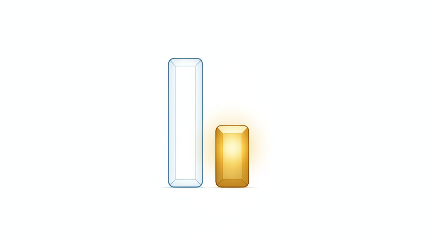 Abstract bar chart illustration showing a tall hollow bar beside a shorter but denser glowing bar, representing profit density versus market share