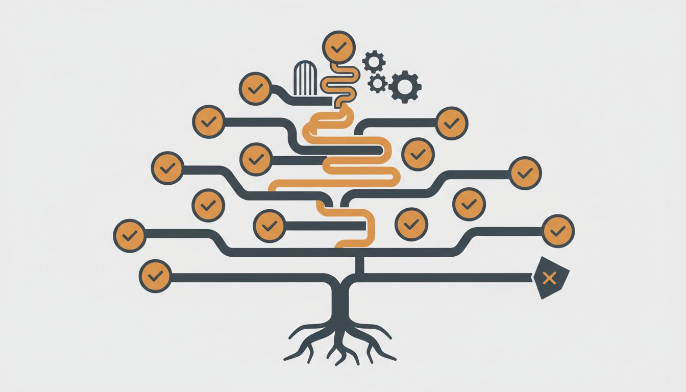 Decision tree diagram showing how many organizational gates must open before a feature can be removed