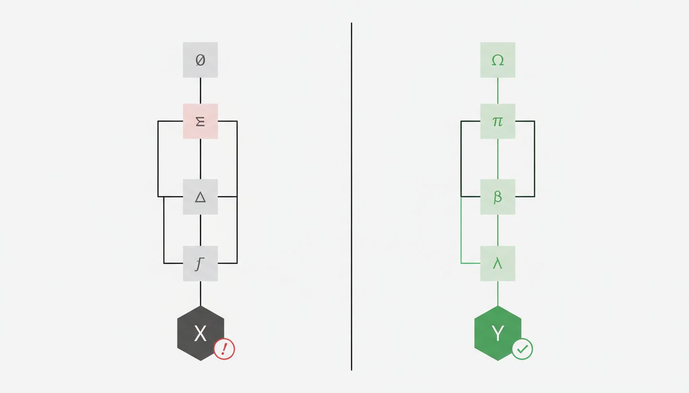 Two parallel chains of reasoning steps where one contains an early error that propagates to a wrong conclusion despite correct subsequent steps