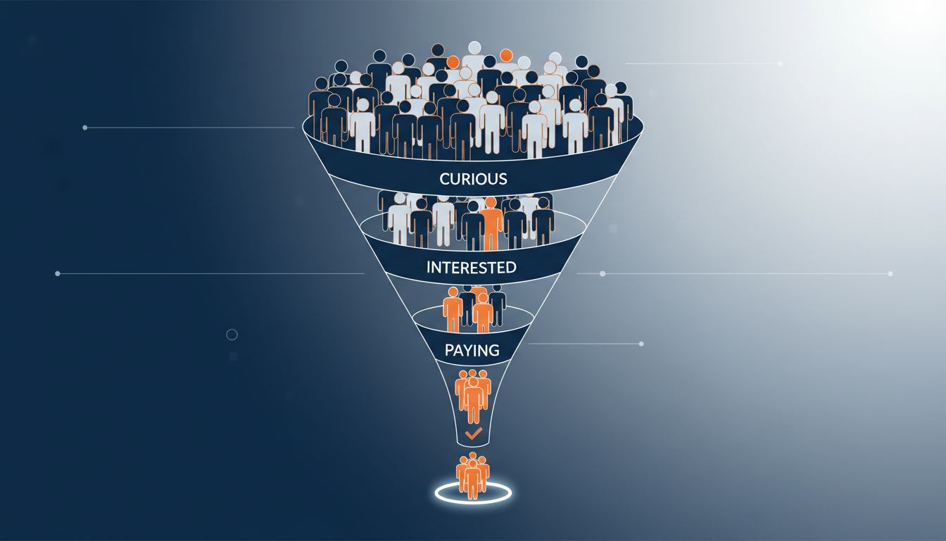 Funnel illustration showing how pre-sales filter genuine buyers from casual interest