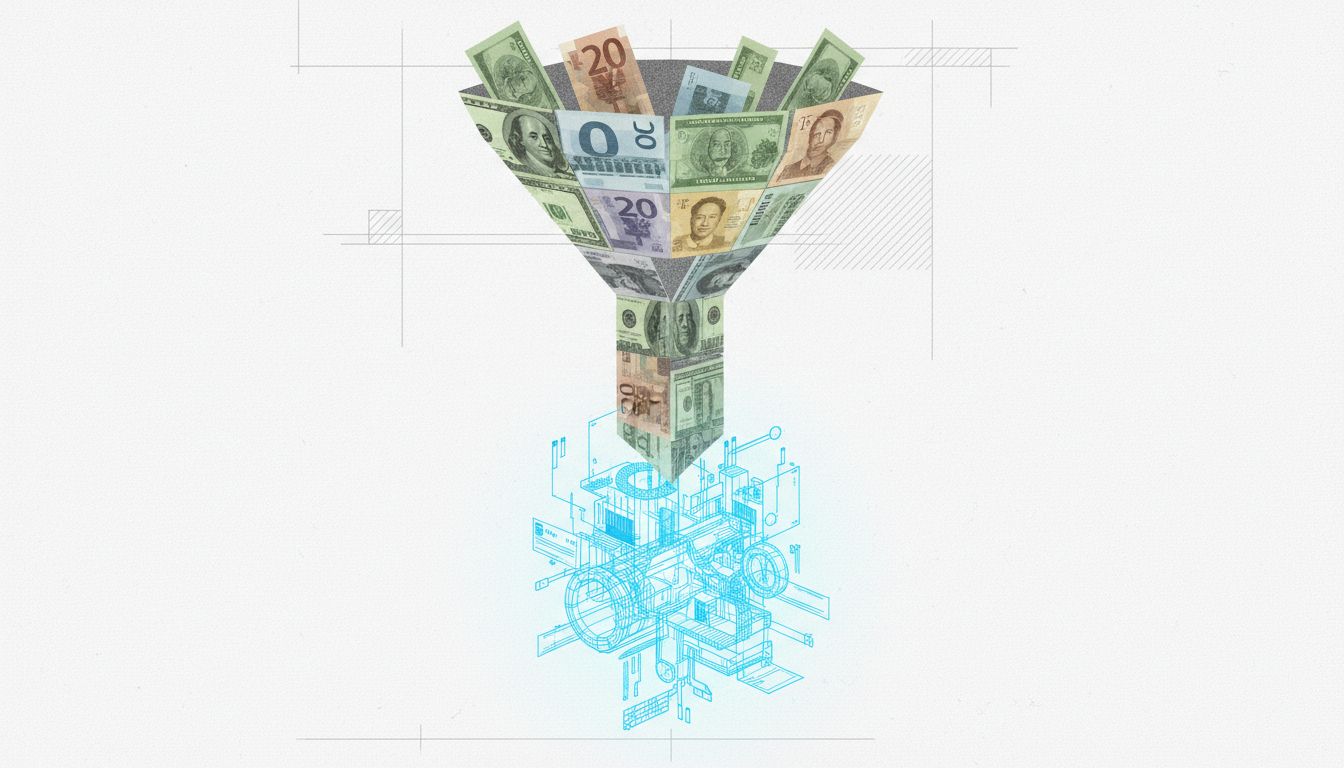 Illustration of money flowing into a funnel that outputs a product blueprint, representing pre-sale validation