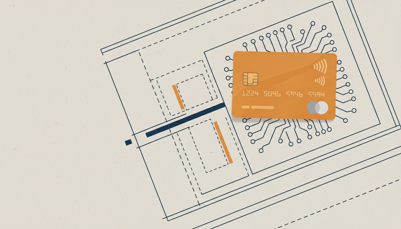 A product blueprint with a credit card placed on top, representing payment before a product is built