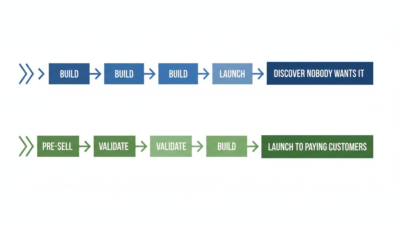 Diagram comparing the build-first timeline versus the pre-sell-first timeline for startup product development
