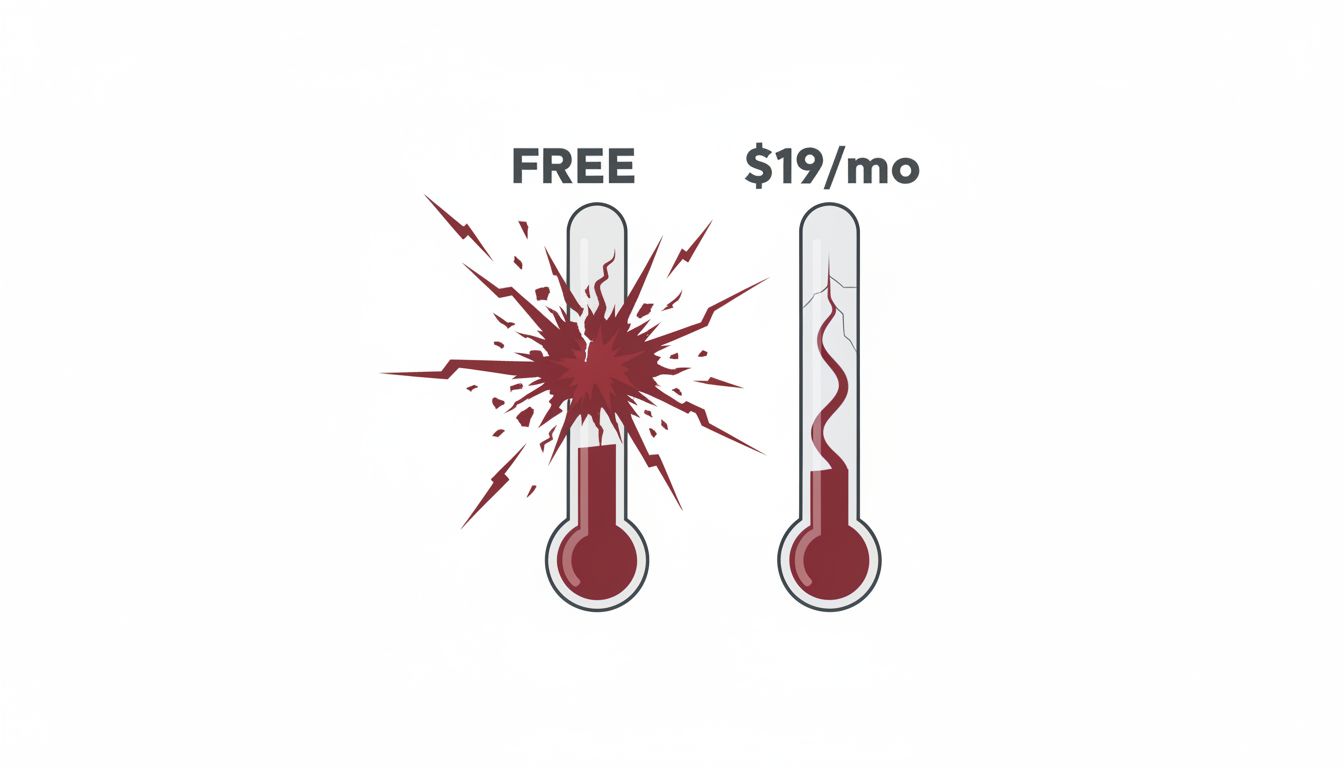 Two thermometers: one bursting dramatically at free, one cracking slowly at low price
