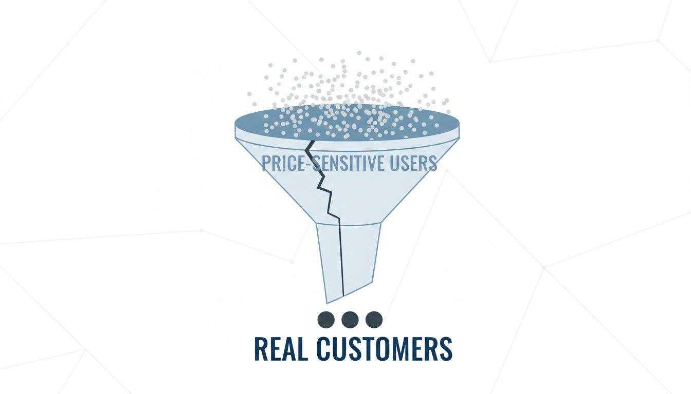 Funnel diagram showing how low pricing fills the top with the wrong customers