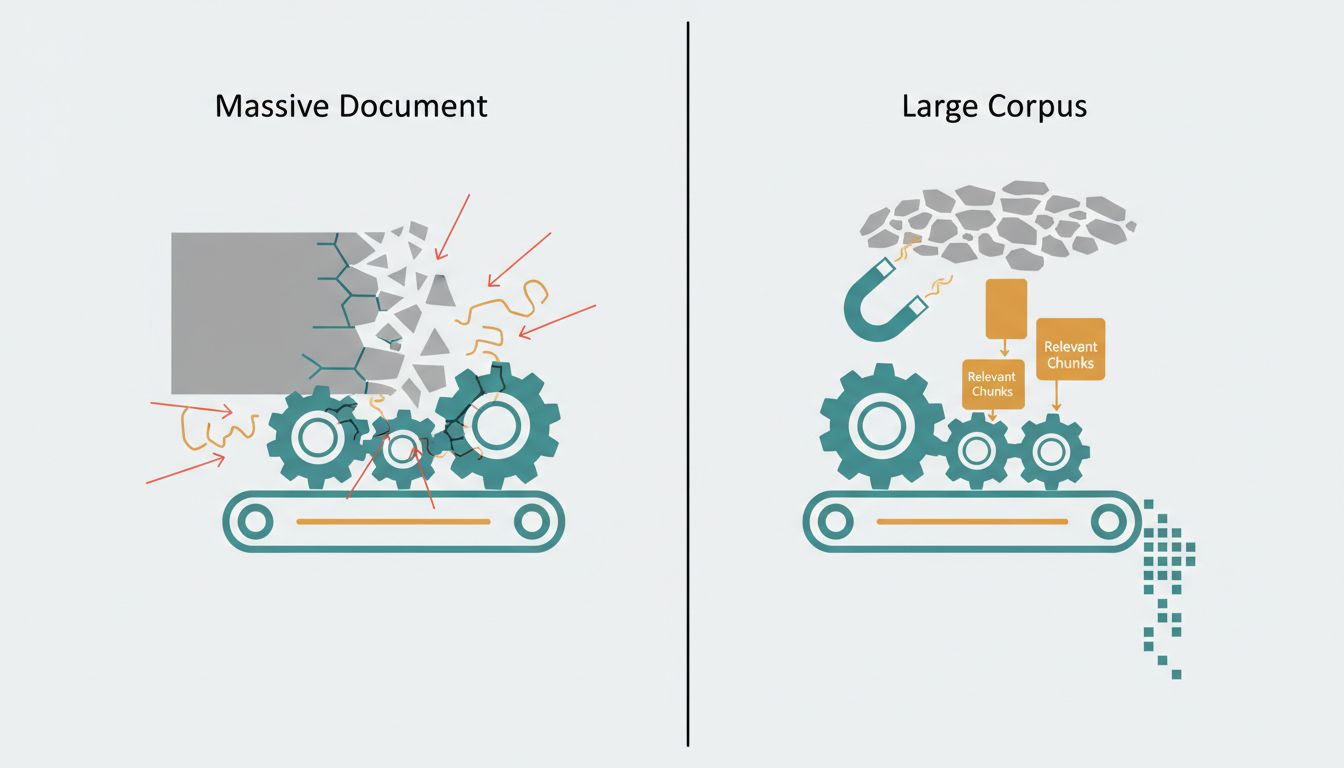 Diagram comparing full-context document processing to retrieval-augmented generation