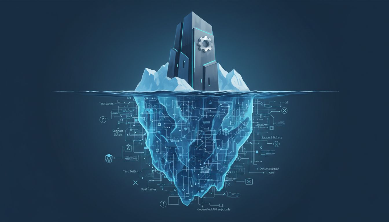 Iceberg illustration where the small visible tip represents a software feature and the massive submerged section represents its hidden maintenance costs