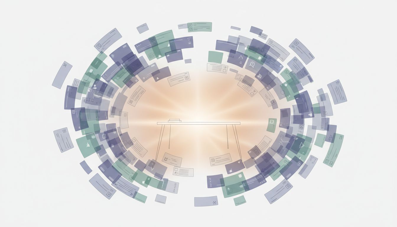 Abstract illustration of a cluttered mental workspace surrounding a small clear, glowing center
