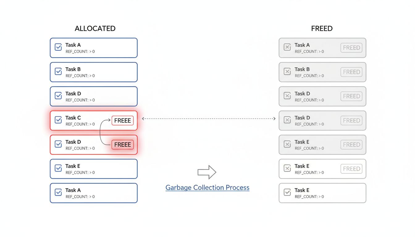 Diagram comparing unreleased task references in working memory versus properly freed completed tasks